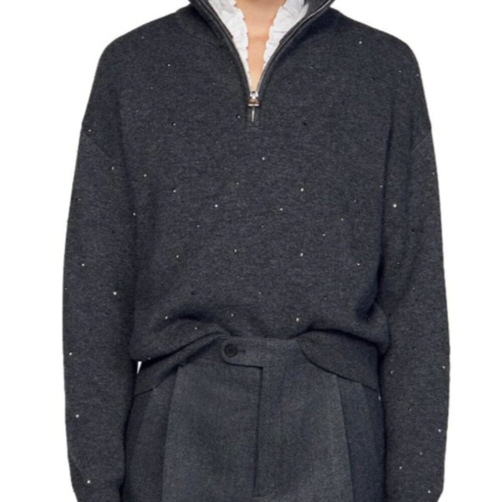 Sandro OSY RHINESTONE QUARTER ZIP SWEATER